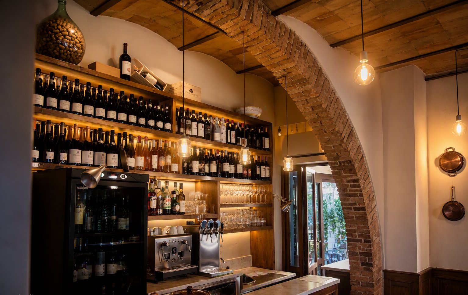 Il banco bar sotto l'arco in pietra con gli scaffali dei vini