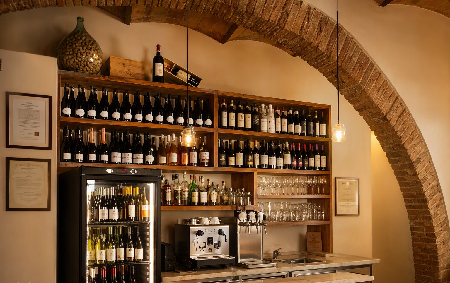 Lo scaffale dei vini sotto l'arco