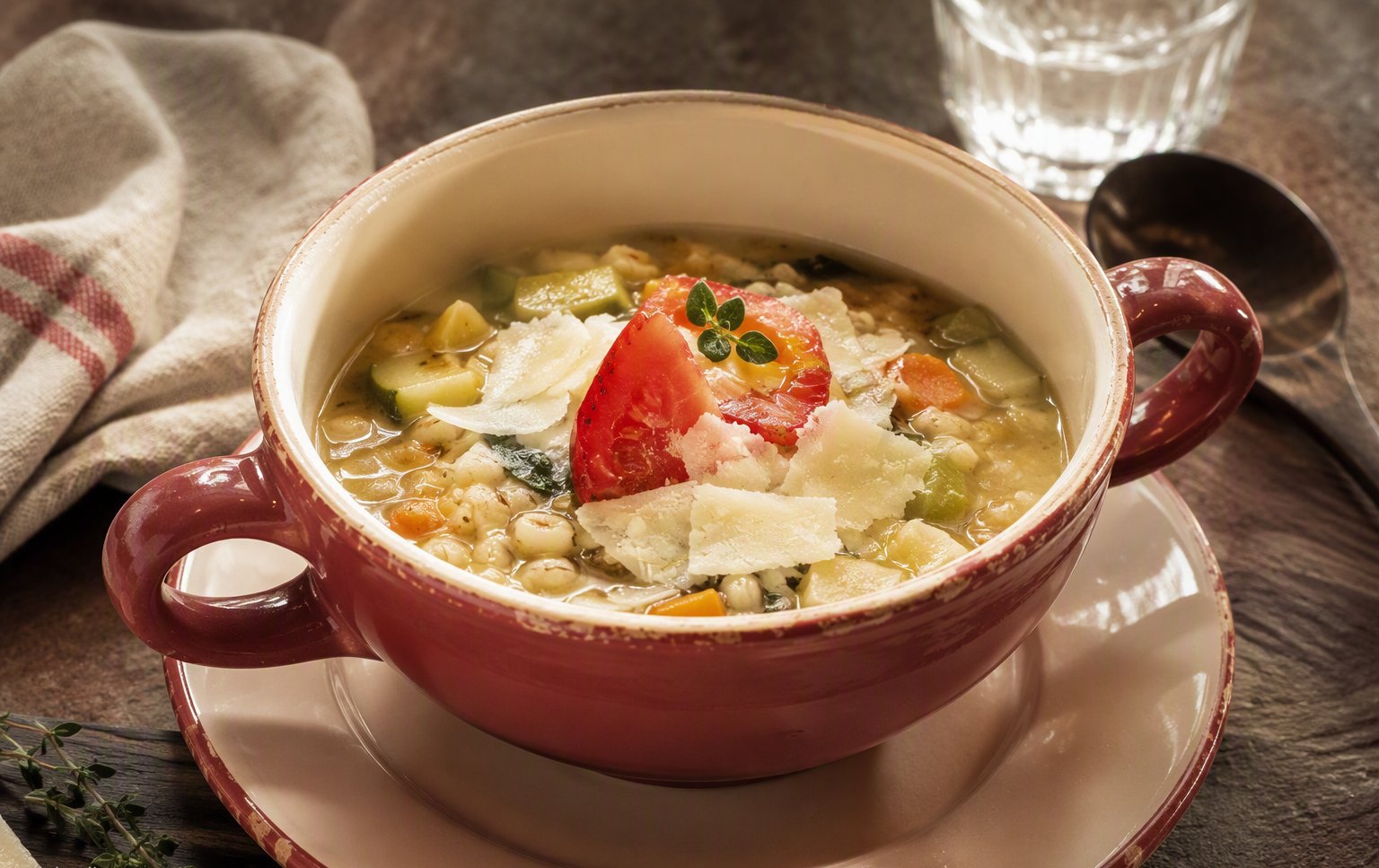 La zuppa del giorno nella tazza di ceramica